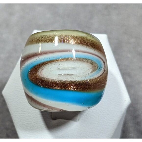 Lampwork Glass White Blue And Gold Tone Ring Size 7 - Picture 6 of 9